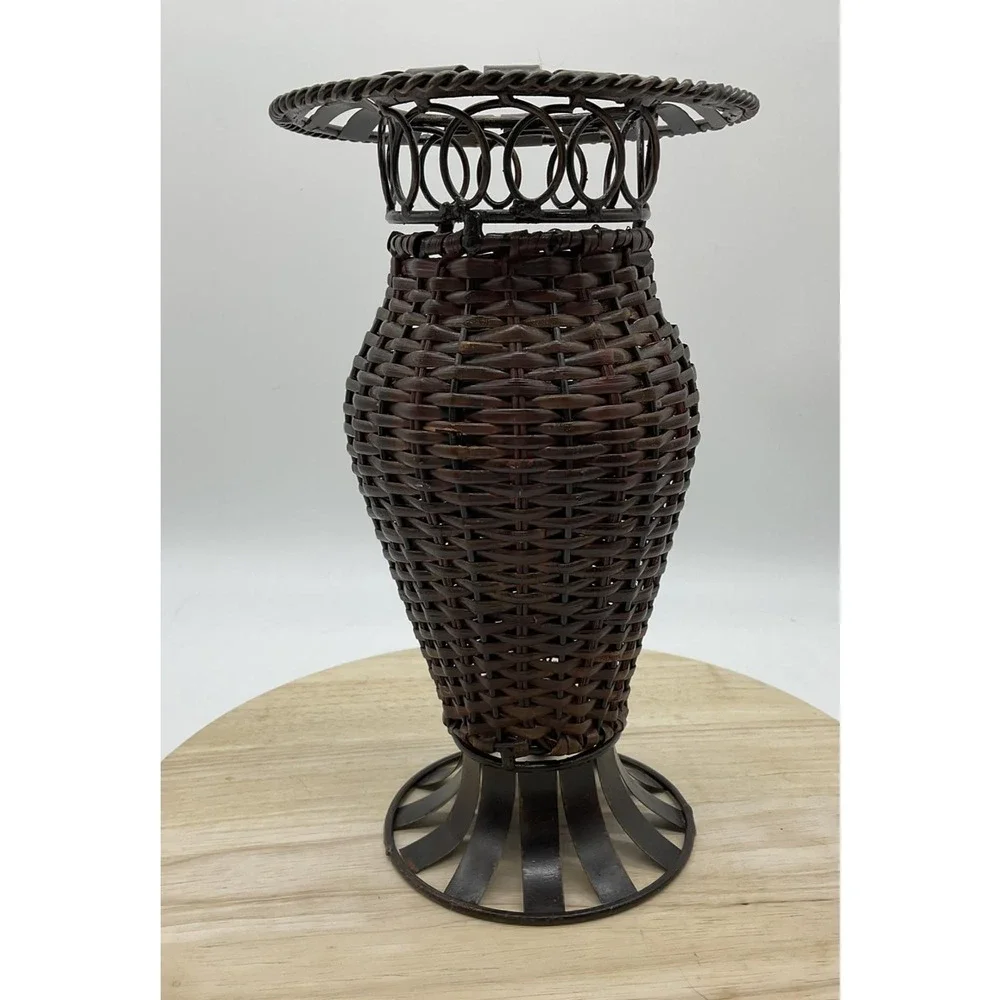 Woven Wicker Metal Vase Candle Holder‎ Decorative Rustic Farmhouse Centerpiece